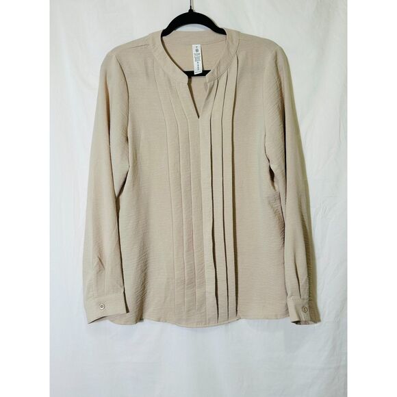 Blooming Jelly Women's Long Sleeve V-Neck Front Pleated Neutral Blouse Size M - Picture 1 of 3